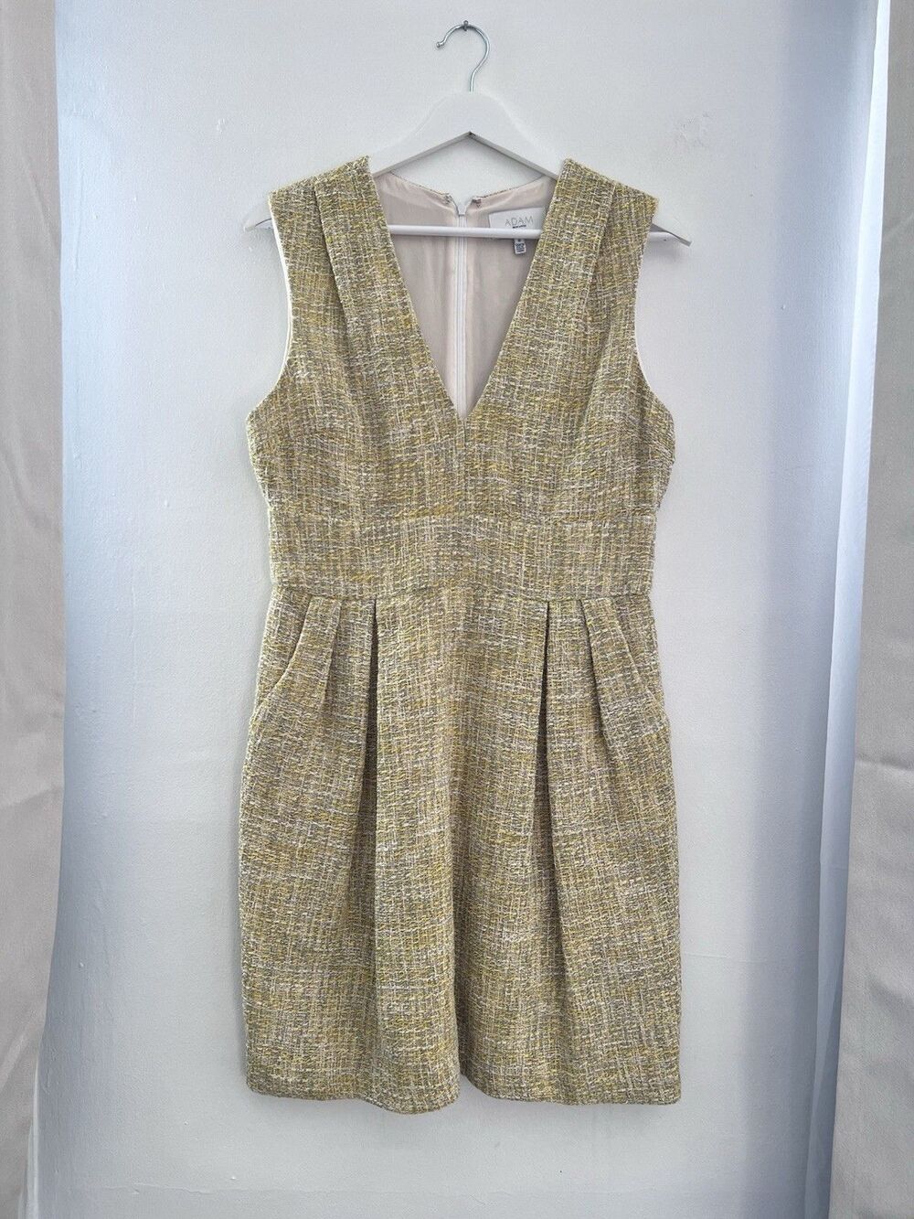 Adam Lippes Gray Yellow Tweed Pleated Silk Lined Career Sheath Pocket Dress 8